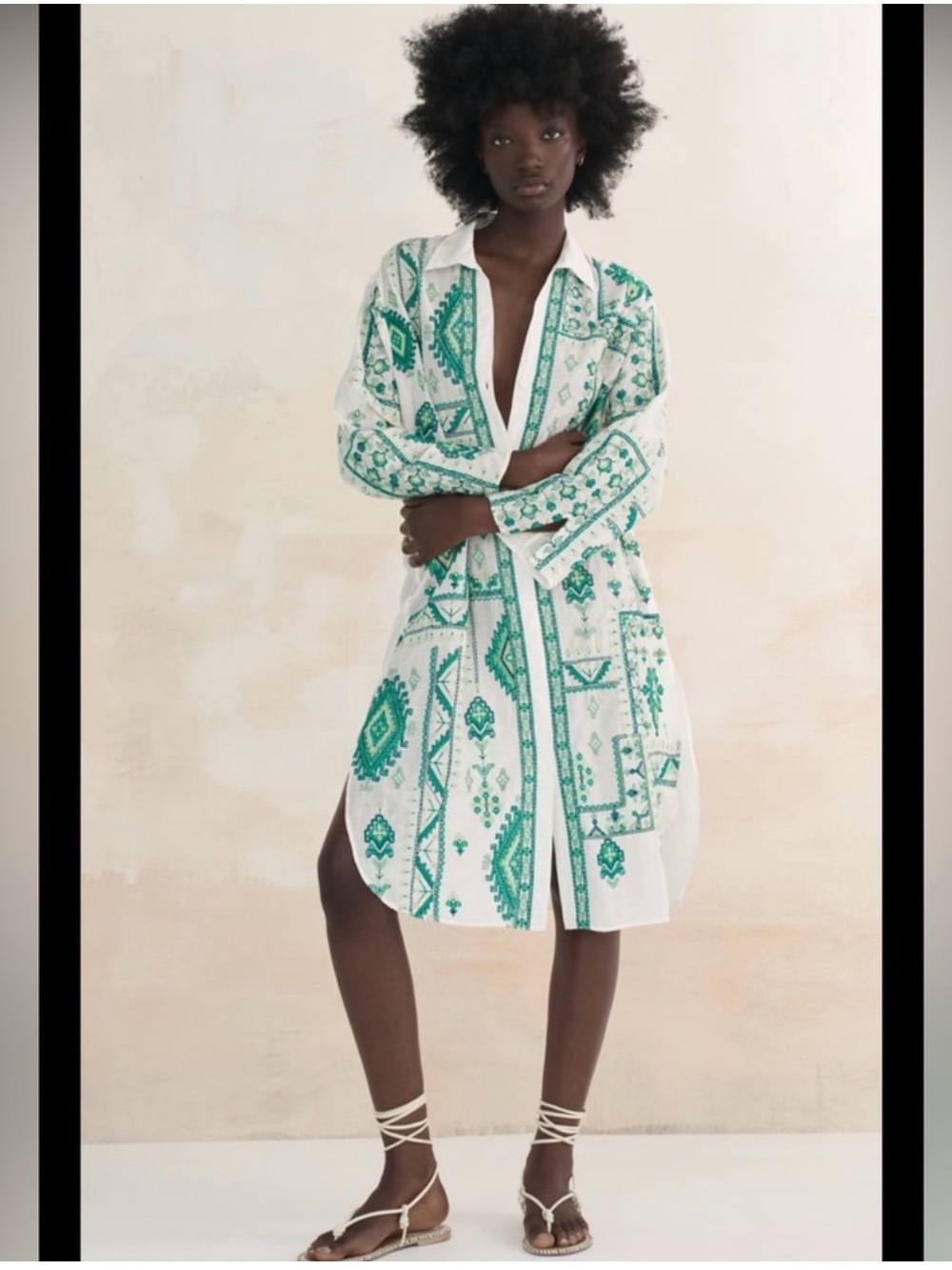 Zara White and Green Printed Shirt Dress